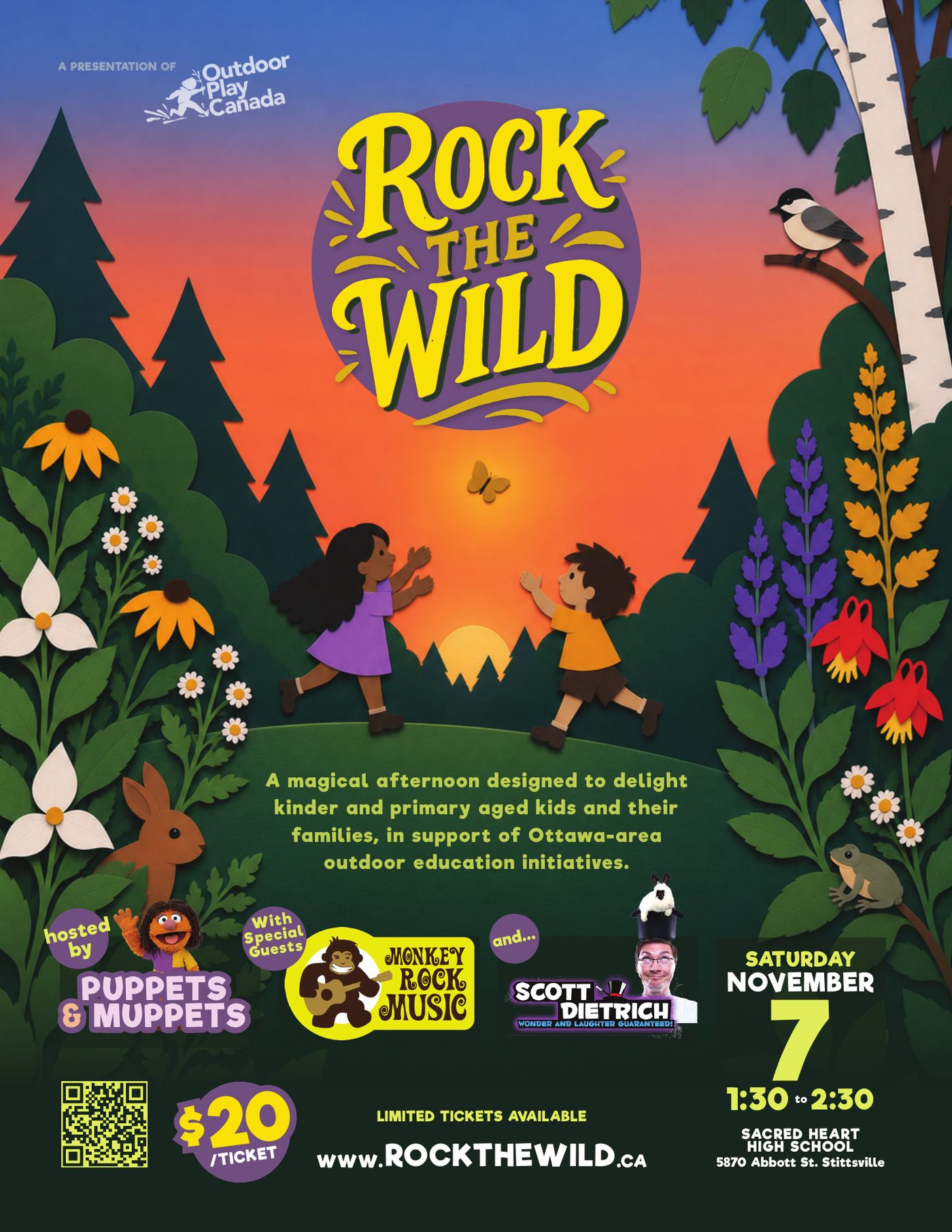 Rock the Wild 2026 poster: Outdoor Play Canada presents a children's benefit concert hosted by Puppets & Muppets, with Monkey Rock Band and magician Scott Dietrich. Saturday, November 7, 1:30 to 2:30 pm, Sacred Heart High School, 5870 Abbott St., Stittsville. $20 per ticket.